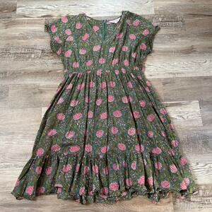 Carla Kiley Green Floral Cotton Midi Dress with Ruffle Hem – 2XL Cottagecore